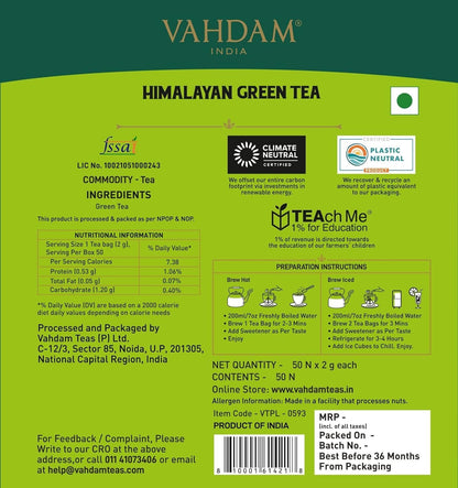 VAHDAM, Organic Himalayan Green Tea Bags (50 Green Tea Bags) Non-GMO, Gluten Free | Naturally High Grown Green Tea | Earthy & Smooth | Resealable Ziplock Pouch | Plant - Based Pyramid Teabags