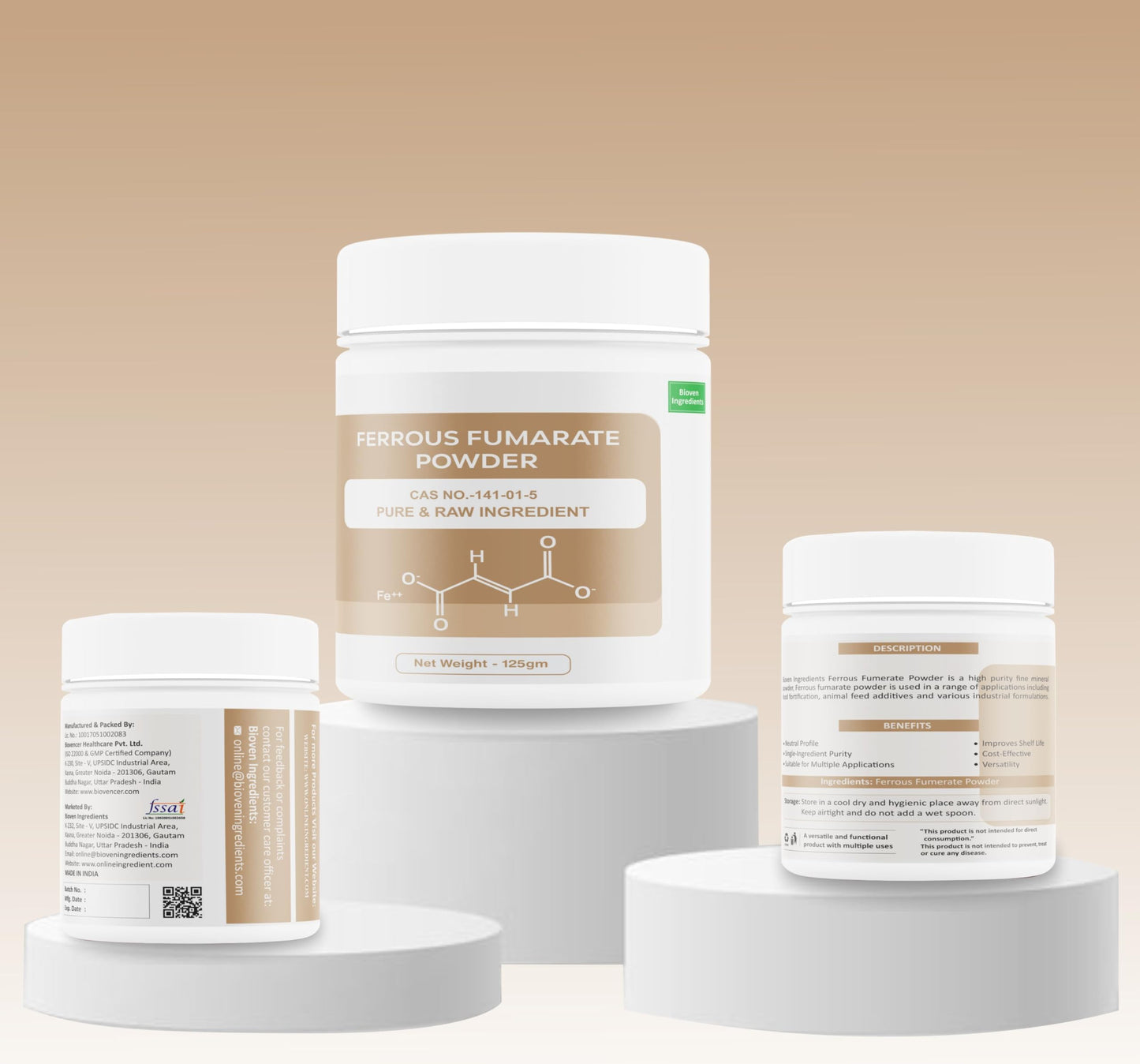Bioven Ingredients Ferrous Fumarate Powder Food-Grade | Premium Mineral | Nutritional Enhancer & Fortification Agent for Bakery, Beverages, Cereals, Dairy & Processed Foods | 125 g