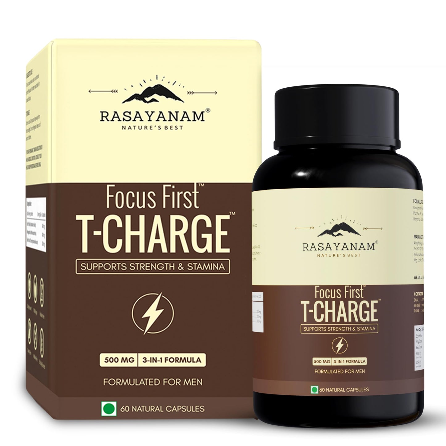 Rasayanam T-Charge Capsules (500mg) | 3-in-1 T - Levels Supplement for Men with Shilajit, Ashwagandha & Safed Musli | Supports Muscle Growth, Energy, Strength, Stamina & Performance - 60 Capsules