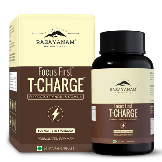 Rasayanam T-Charge Capsules (500mg) | 3-in-1 T - Levels Supplement for Men with Shilajit, Ashwagandha & Safed Musli | Supports Muscle Growth, Energy, Strength, Stamina & Performance - 60 Capsules