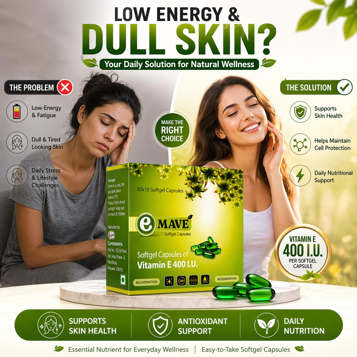 Curemavens Vitamin E 400 IU Softgel Capsules | Vitamin E Supplement for Daily Wellness | Easy-to-Consume Softgels | Nutraceutical Supplement | 30 Softgel Capsules