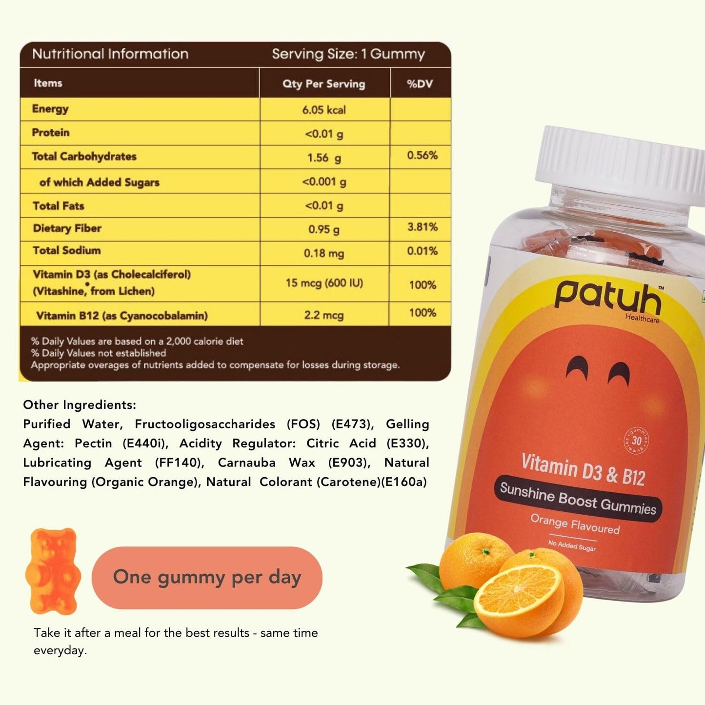 Patuh Healthcare Vitamin D3 & B12 Gummies for Men & Women, Immunity & Bone Health, Reduces Fatigue, Vitamin B12 Supplements, 100% Veg, Sugar Free (Orange Flavour, 30 Gummies)