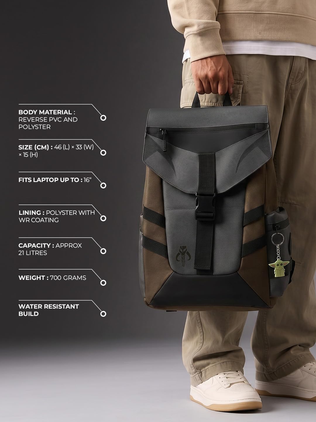 The Souled Store Star Wars: Mandalorian Backpacks | Official Lucasfilm Merchandise | Premium Water-Resistant Laptop Bag with Grogu Graphic | Durable Urban Travel Rucksack for Men & Women