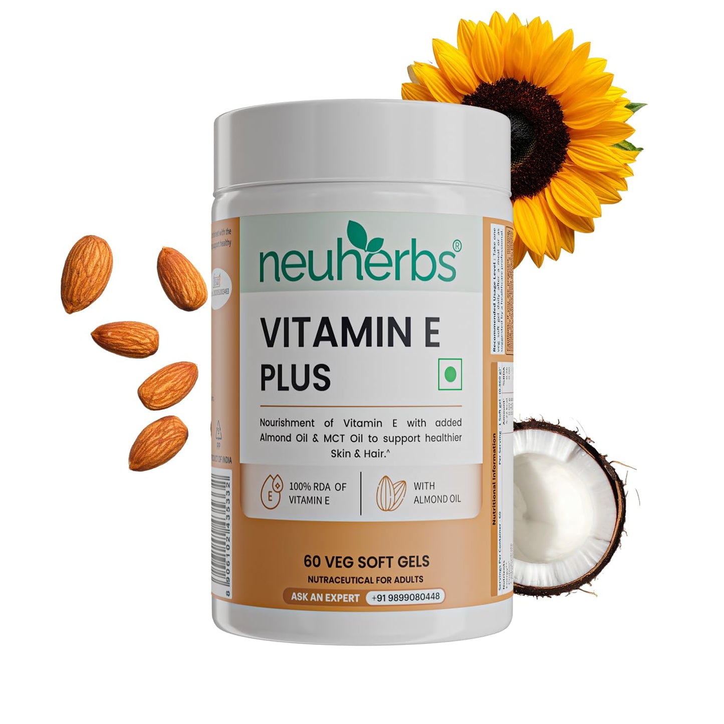 Neuherbs Vitamin E Plus Capsules for Skin & Hair | Plant-Based Vitamin E Supplement with Almond & Sunflower Oil | Supports Glowing Skin & Hair Strength | Vegan | 60 Capsules