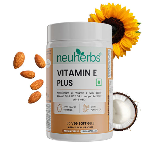 Neuherbs Vitamin E Plus Capsules for Skin & Hair | Plant-Based Vitamin E Supplement with Almond & Sunflower Oil | Supports Glowing Skin & Hair Strength | Vegan | 60 Capsules