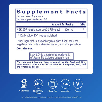 Pure Encapsulations - NSK-SD - Nattokinase 100 mg - Enzymes to Promote Healthy Blood Flow, Circulation, and Blood Vessel Function* - 60 Capsules