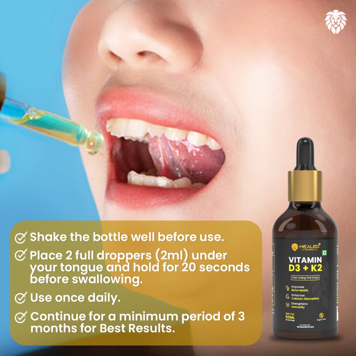 Healeo Vitamin D3 + K2 MK7 Fast-Acting Oral Drops | Supports Bone Health, Calcium Absorption & Immunity | Vitamin D Supplement for Men & Women - 50ml
