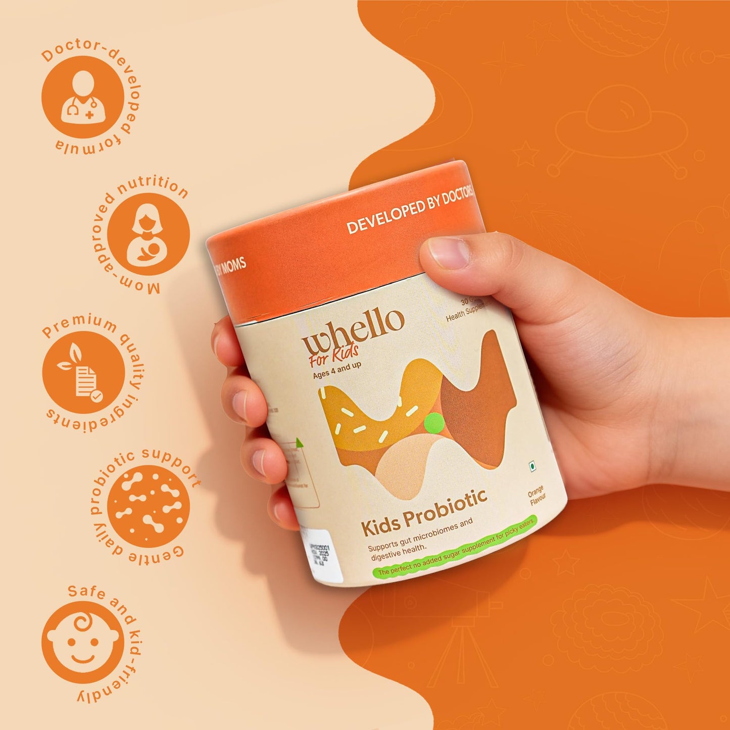 Whello Kids Probiotic Gummies for 4+ Years | Digestive Health & Gut Microbiome Support | No Added Sugar | Orange Flavour | 30 Gummies | Daily Health Supplement for Kids