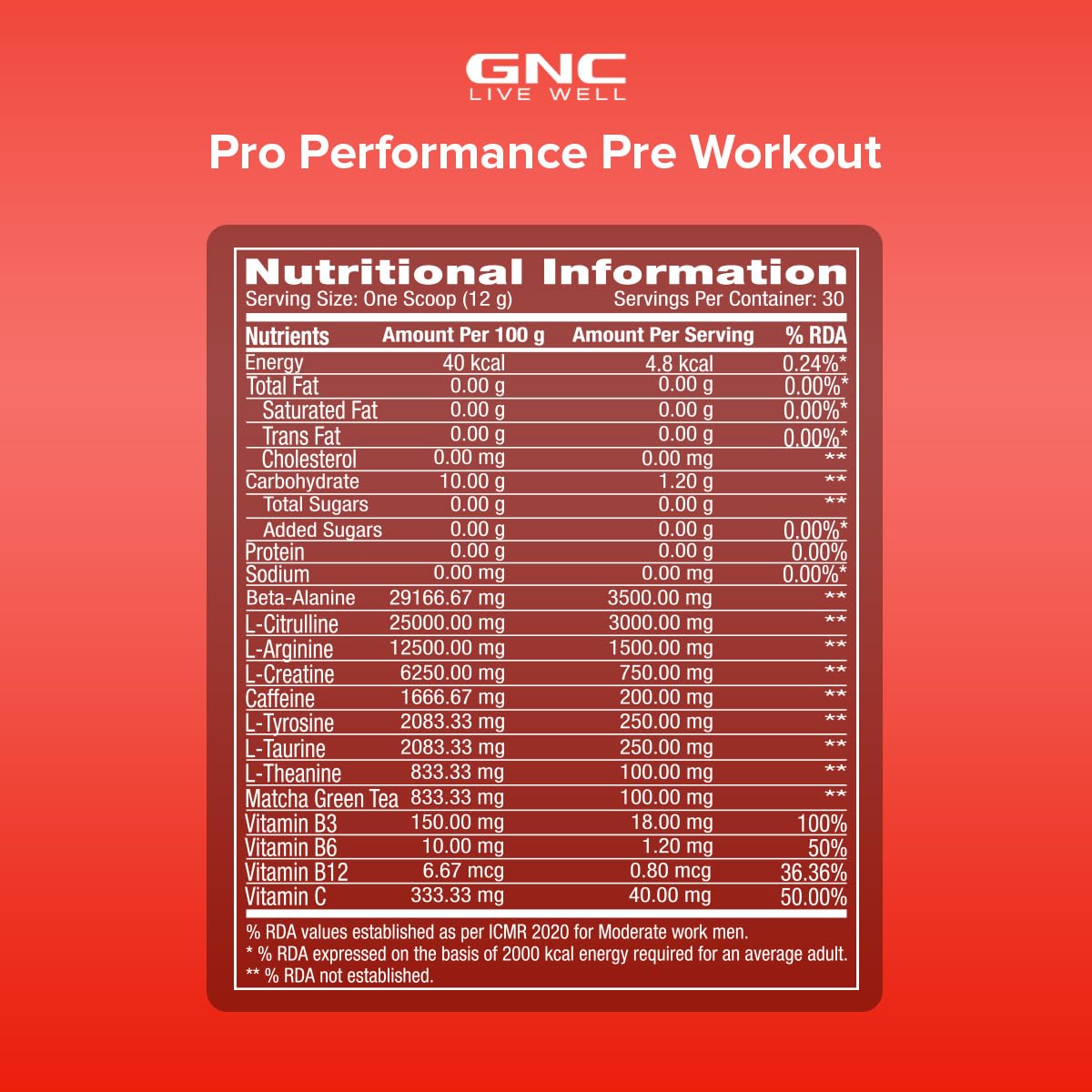 GNC Pro Performance Pre-Workout | 360 gm | 30 Servings | Boosts Pump & Energy | Speeds Up Recovery | 1500 mg L-Arginine | 3500 mg Beta-Alanine | 200 mg Caffeine | Fruit Punch