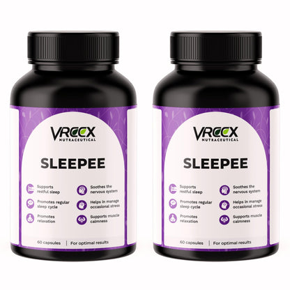 VREEX SLEEPEE with Natural Ingredients Melatonin, Valerian Root, Chamomile, L-Theanine & Magnesium Bisglycinate – Relax & Sleep Support- 60 Veg Capsules (Pack of 2)