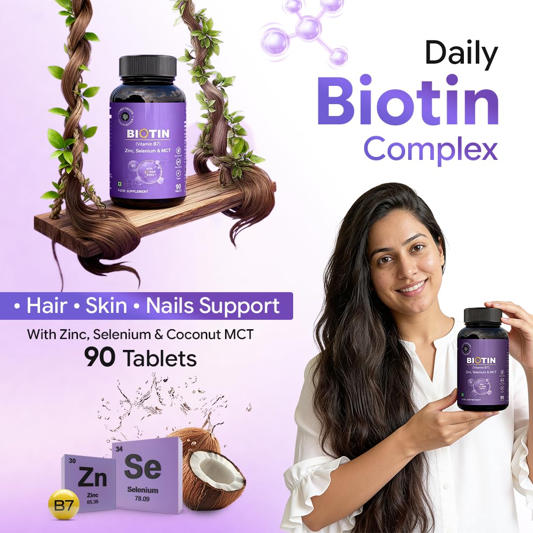 CUREFOREVER Biotin Tablets for Hair Growth, Skin & Nails – 100% RDA with Zinc, Selenium & Coconut MCT | Supplement For Healthy Hair, Nails & Skin | 90 Veg Tablets for Men & Women | 3 Months Supply | 1 Daily Dose