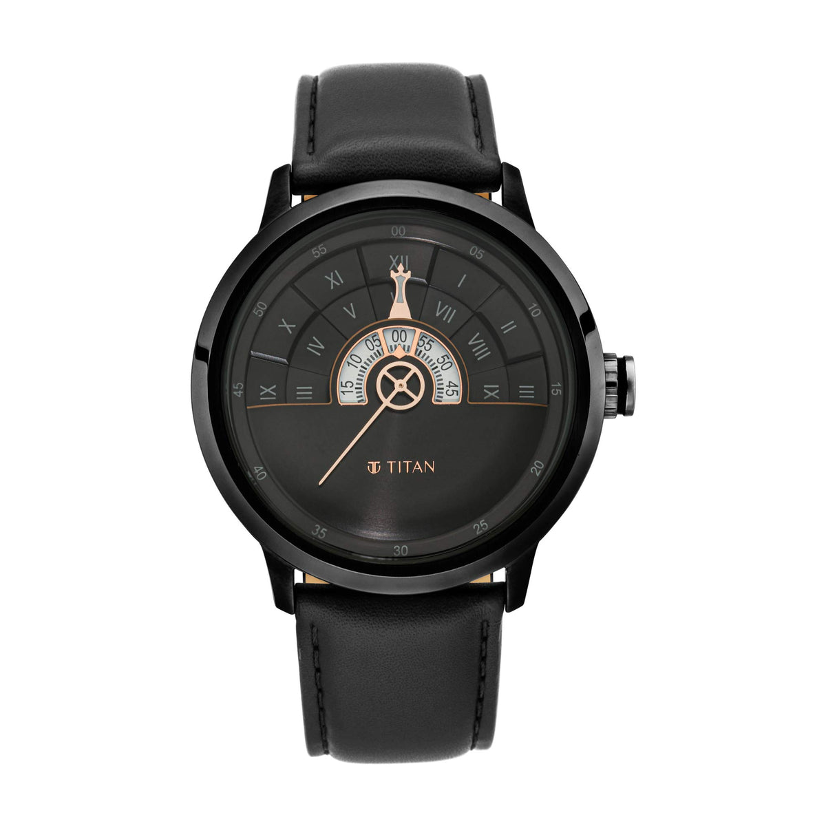 Titan Regalia Grandmaster Black Dial Quartz Analog Leather Strap Watch for Men-NS1828QL03