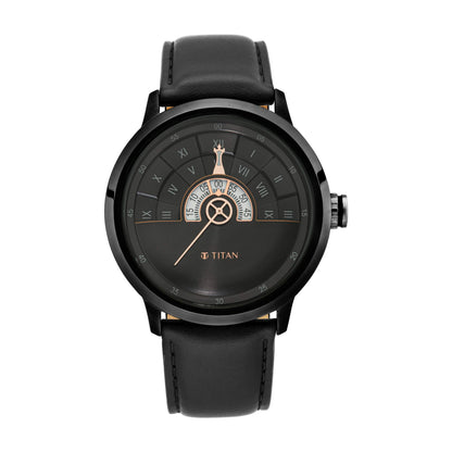 Titan Regalia Grandmaster Black Dial Quartz Analog Leather Strap Watch for Men-NS1828QL03