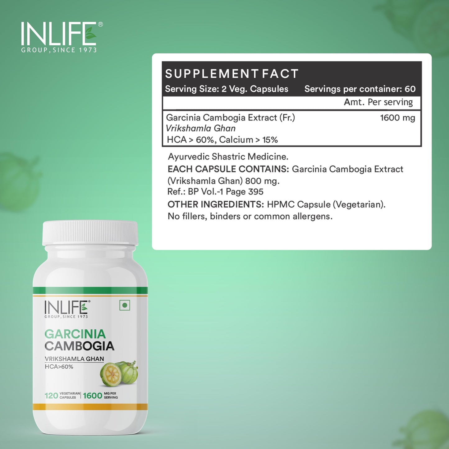 INLIFE Garcinia Cambogia 1600mg, HCA Over 60%, Weight Management, 120 Caps
