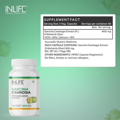 INLIFE Garcinia Cambogia 1600mg, HCA Over 60%, Weight Management, 120 Caps