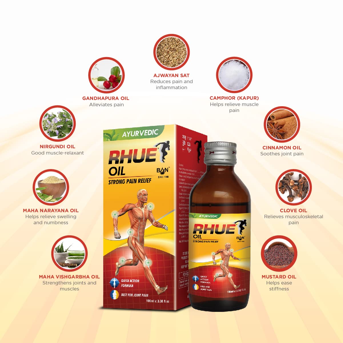 RHUE Strong Pain Relief Oil 100ml Pack of 2 | Ajwain, Mustard & Clove Oil Extract With Natural Herbs | Ayurvedic Massage Tel For Knee/Legs/Shoulder/Neck/Back & Joint | Ointment For Men & Women