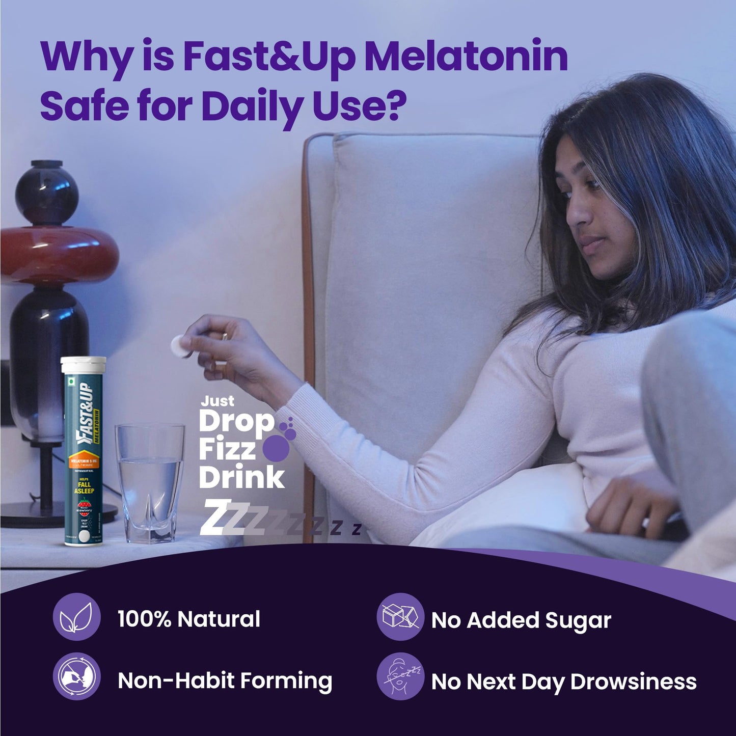Fast&Up Melatonin with 5 mg Melatonin + 100 mg L-Theanine (20 Effervescent tablets) | Helps fall asleep faster & Wake up refreshed | Fast Acting, 100% Natural, Non-Addictive - Strawberry flavour