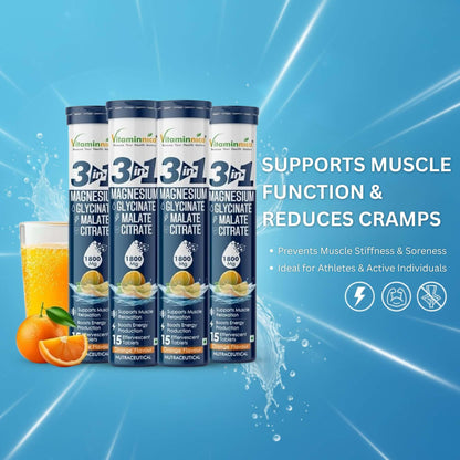 Vitaminnica Magnesium 3-in-1 Effervescent Tablets – Malate, Glycinate & Citrate Blend for Muscle Function, Relaxation & Daily Wellness – Orange Flavor – 15 Tablets (Pack of 4)