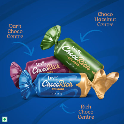 LuvIt. Chocorich Assorted Eclairs Chocolate Birthday Pack | Hazelnut, Dark Choco & Classic | 60 Pieces - 480 Gm