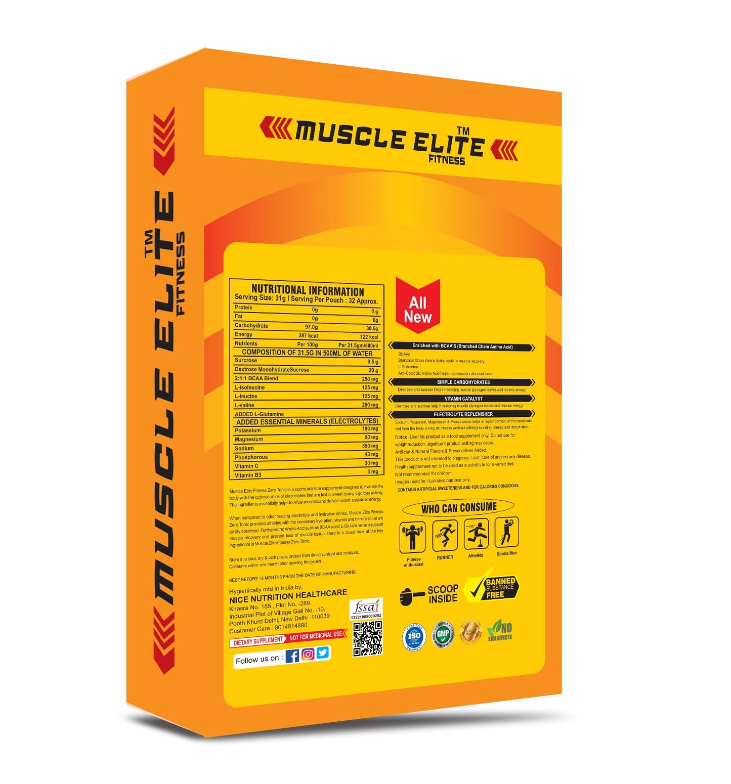 MUSCLE ELITE FITNESS Zero Tonic Instant Energy Drink Pre-Workout Electrolyte Energy Drink BCAA, Monohydrate and L-Glutamine Sports Supplement | 825mg Electrolytes [32 Servings] X1 Orange