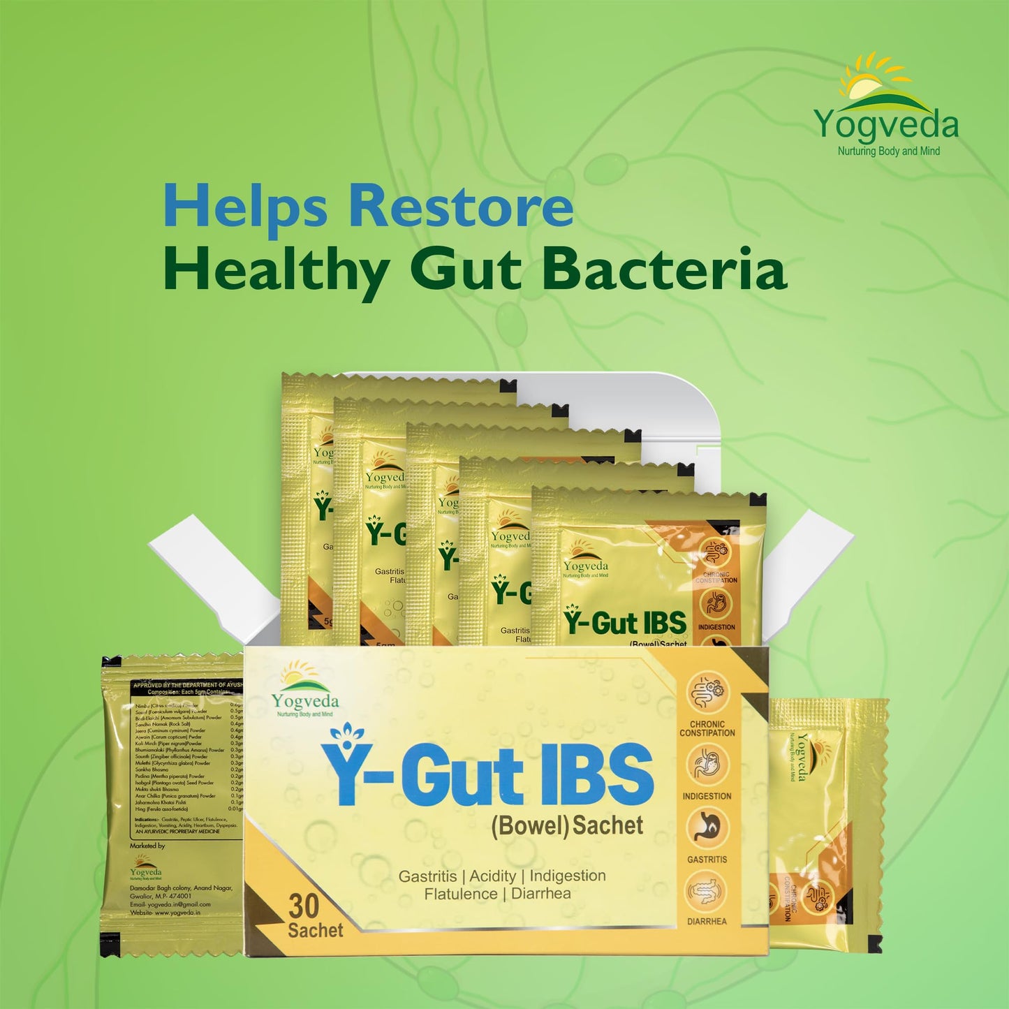 Yogveda Y-Gut IBS Relief Probiotics, Constipation & Irritable Bowel Syndrome, Prevent Loose Stools, Diarrhoea, Upset Stomach, 7 billion CFU Clinically Proven Strains| Sugar Free 30 Day Pack