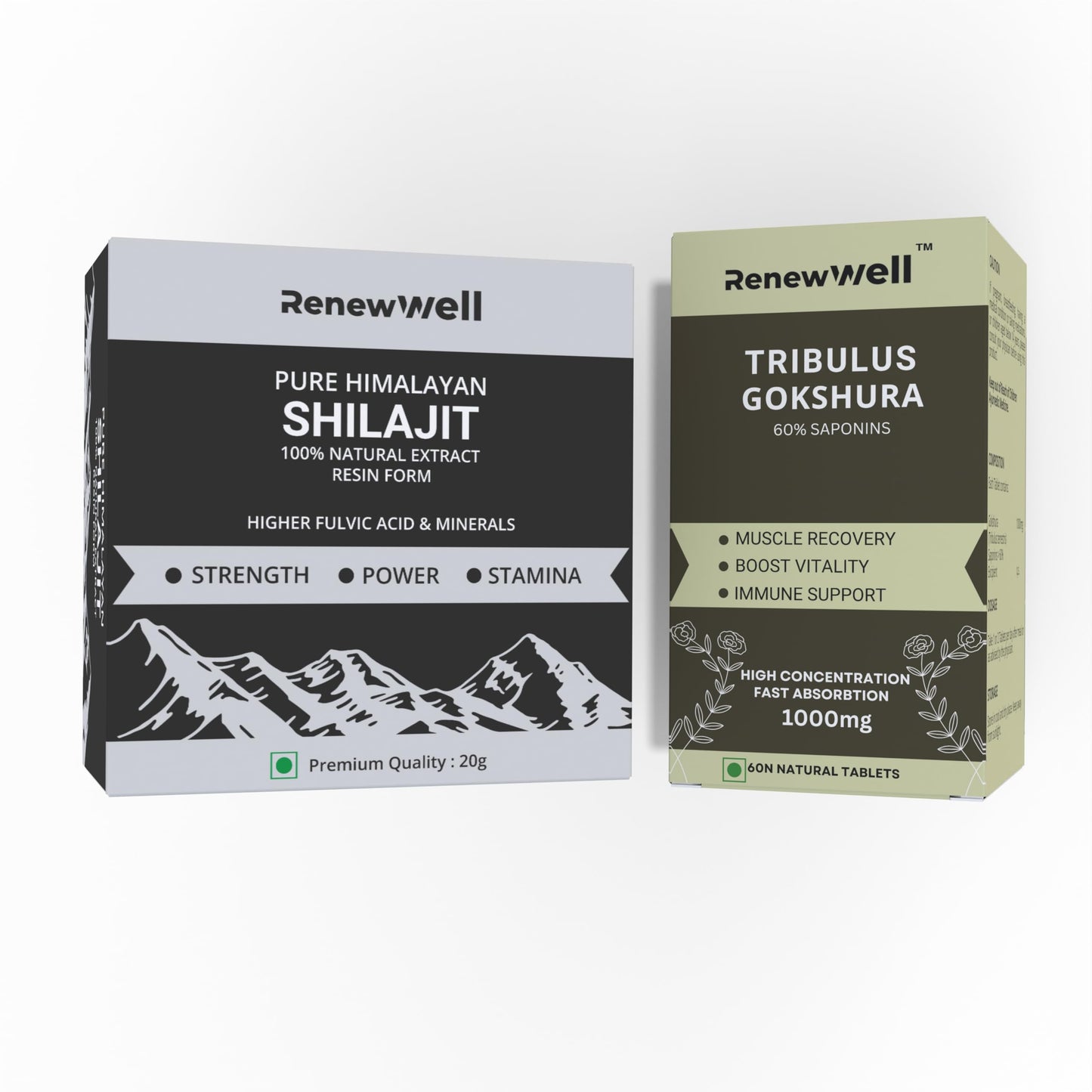 Renewwell Pure Himalayan Shilajit 20gm with Fulvic Acid & Tribulus Gokshru 1000mg Tablets | Stamina for Athletic Performance | Natural Energy Booster | Muscle Growth Pack of 2
