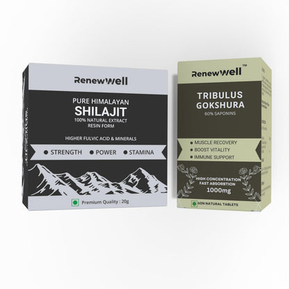 Renewwell Pure Himalayan Shilajit 20gm with Fulvic Acid & Tribulus Gokshru 1000mg Tablets | Stamina for Athletic Performance | Natural Energy Booster | Muscle Growth Pack of 2