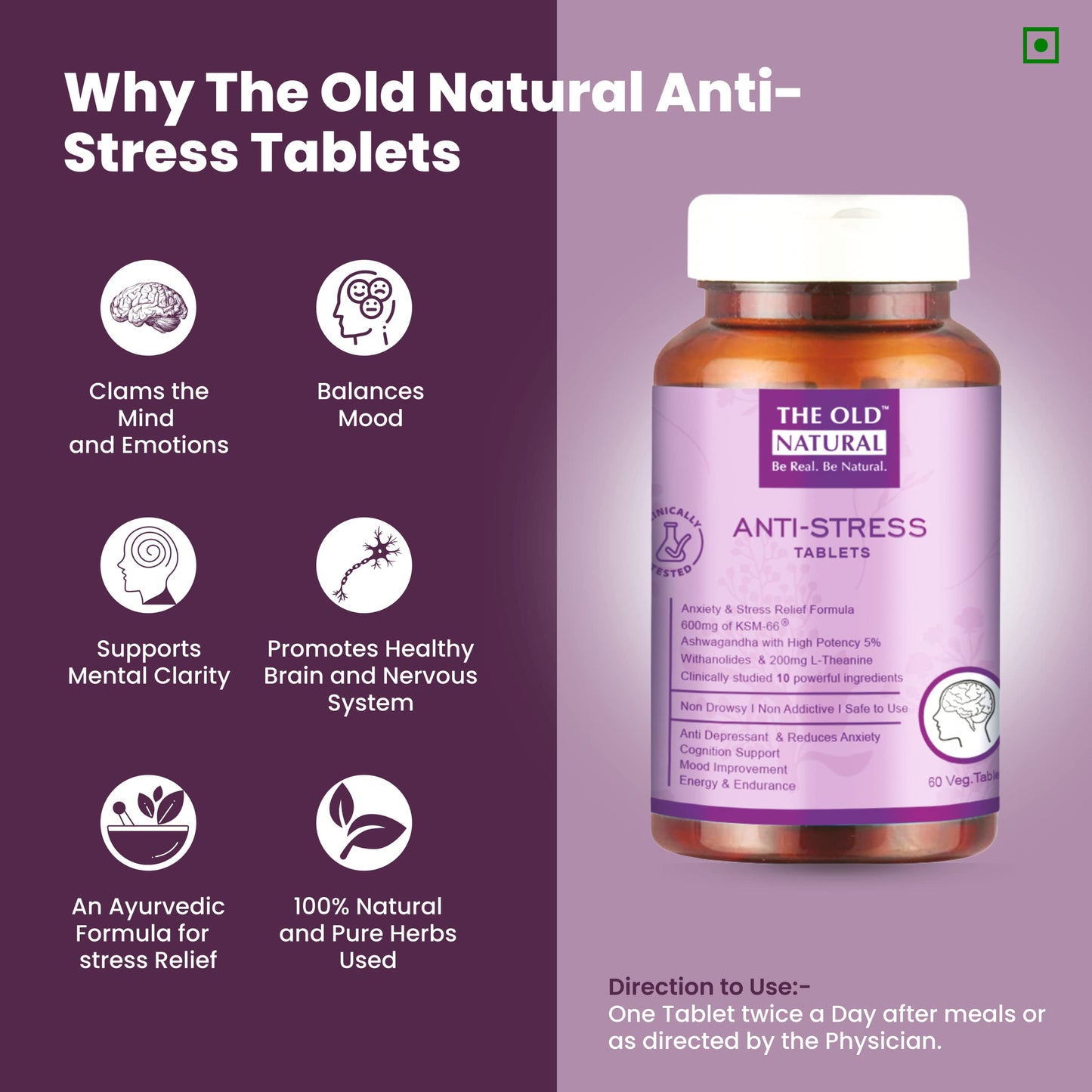 The Old Natural Anti Stress Tablets - Ashwagandha Ksm 66 Extract, L-Theanine, Brahmi, Chamomile Combination For Relieving Stress, – 60 Veg. Capsules (Pack of 1) (Pack of 1)