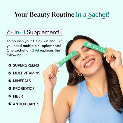 Dr.Su 6-In-1 Supplement Powder | Clear Skin, Strong Hair & Healthy Gut | With Vitamins, Minerals, Antioxidants, Probiotics, Fiber & Adaptogens | Lemon Mint | Sugar-Free | 30 Sachets | Unisex