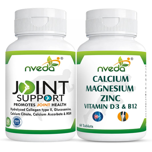 Nveda Joint Support & Calcium Tablets Combo Pack | Glucosamine, Collagen Type 2, Calcium, Magnesium, Zinc, Vitamin D3 & B12 | Joint Pain Relief, Bone Strength & Arthritis Support Supplement for Men & Women | 60 Tablets Each