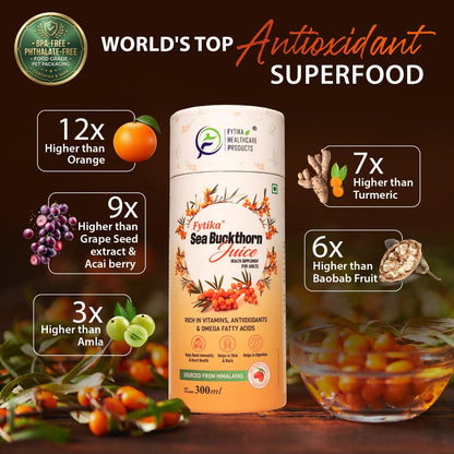 Fytika Sea Buckthorn Juice - 300 ML (PACK OF 1) | Pulp Concentrate Made for Your Total Body Care & Wellness | Rich in Vitamin C, Omega 3, 6, 7, 9 & Antioxidants | For Men & Women