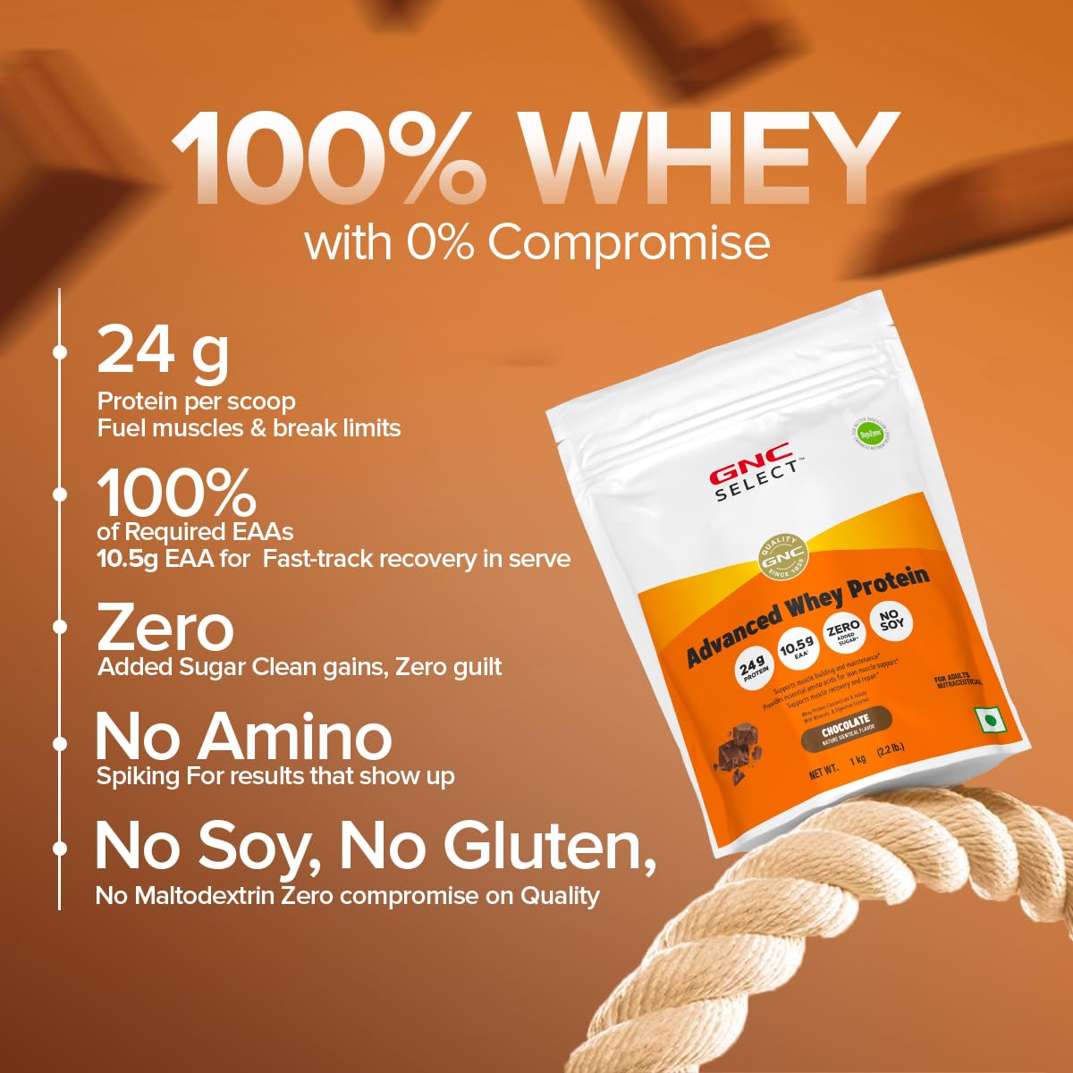 GNC Select Advanced Whey Protein | 24g Protein & 10.5g EAAs | Isolate & Concentrate Blend | Zero Added Sugar | No Soy | Supports Muscle Growth, Recovery & Strength | Enhanced with DigeZyme® for Better Digestion & Easy Absorption | Chocolate, 1 kg
