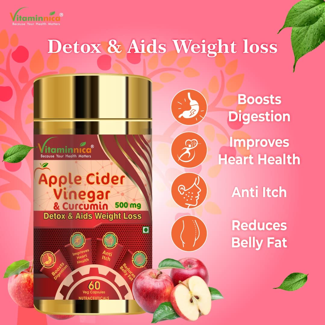 Vitaminnica Apple Cider Vinegar & Curcumin | 60 Veg Capsules for Weight Management and Suppport Digestive Health | (Pack of 1)