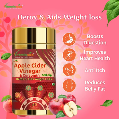 Vitaminnica Apple Cider Vinegar & Curcumin | 60 Veg Capsules for Weight Management and Suppport Digestive Health | (Pack of 1)