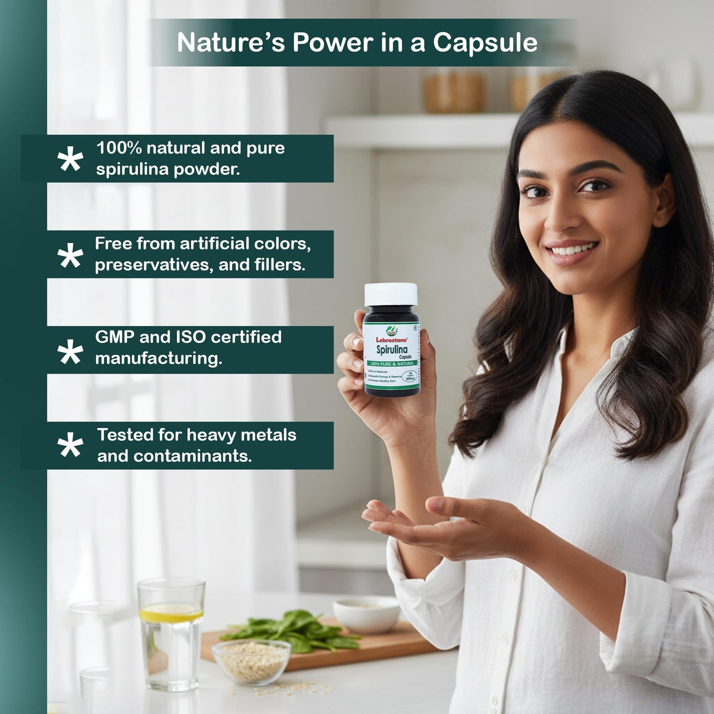 Lebrostone Spirulina Capsules – 30 Veg Capsules | Natural Superfood & Antioxidant | Detox, Boosts Energy, Immunity, Heart & Liver Healt.