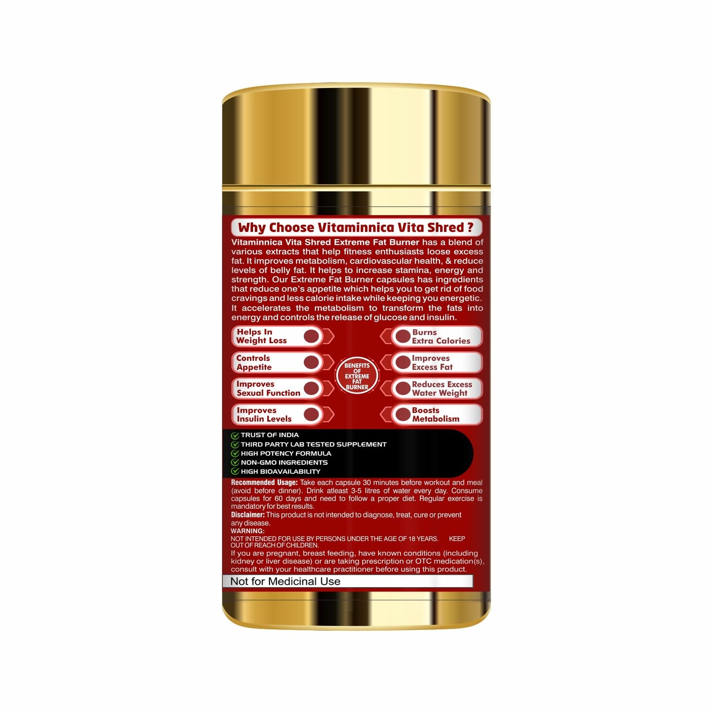 Vitaminnica Vita Shred - Fat Burner Capsules for Men and Women | Excellent Fat Burner Supplement, Metabolism Booster| Reduces Cholesterol & Sugar levels| 60 Veg Capsules