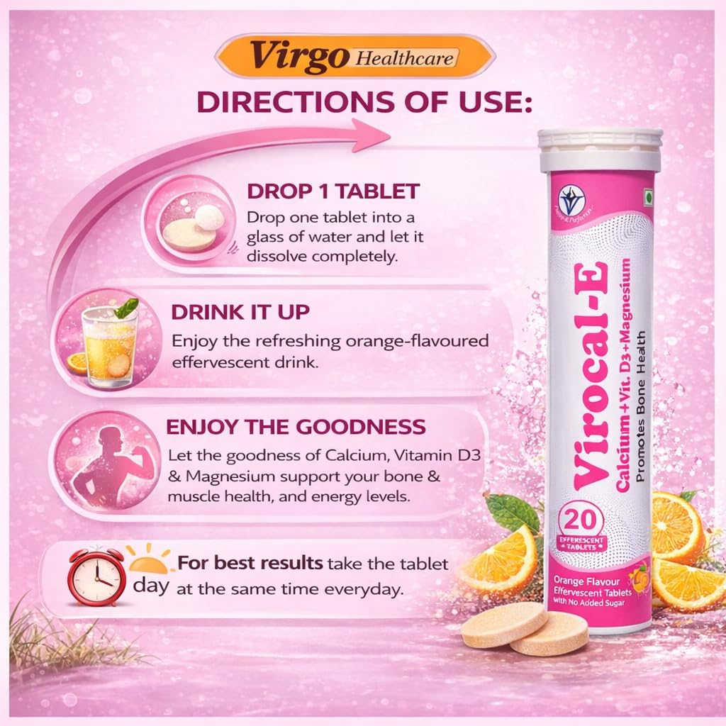Virgo Healthcare Virocal-E Calcium + Vitamin D3 + Magnesium Effervescent Tablets | Orange Flavour | Bone Health Support | Muscle Strength & Immunity Support | 20 Effervescent Tablets