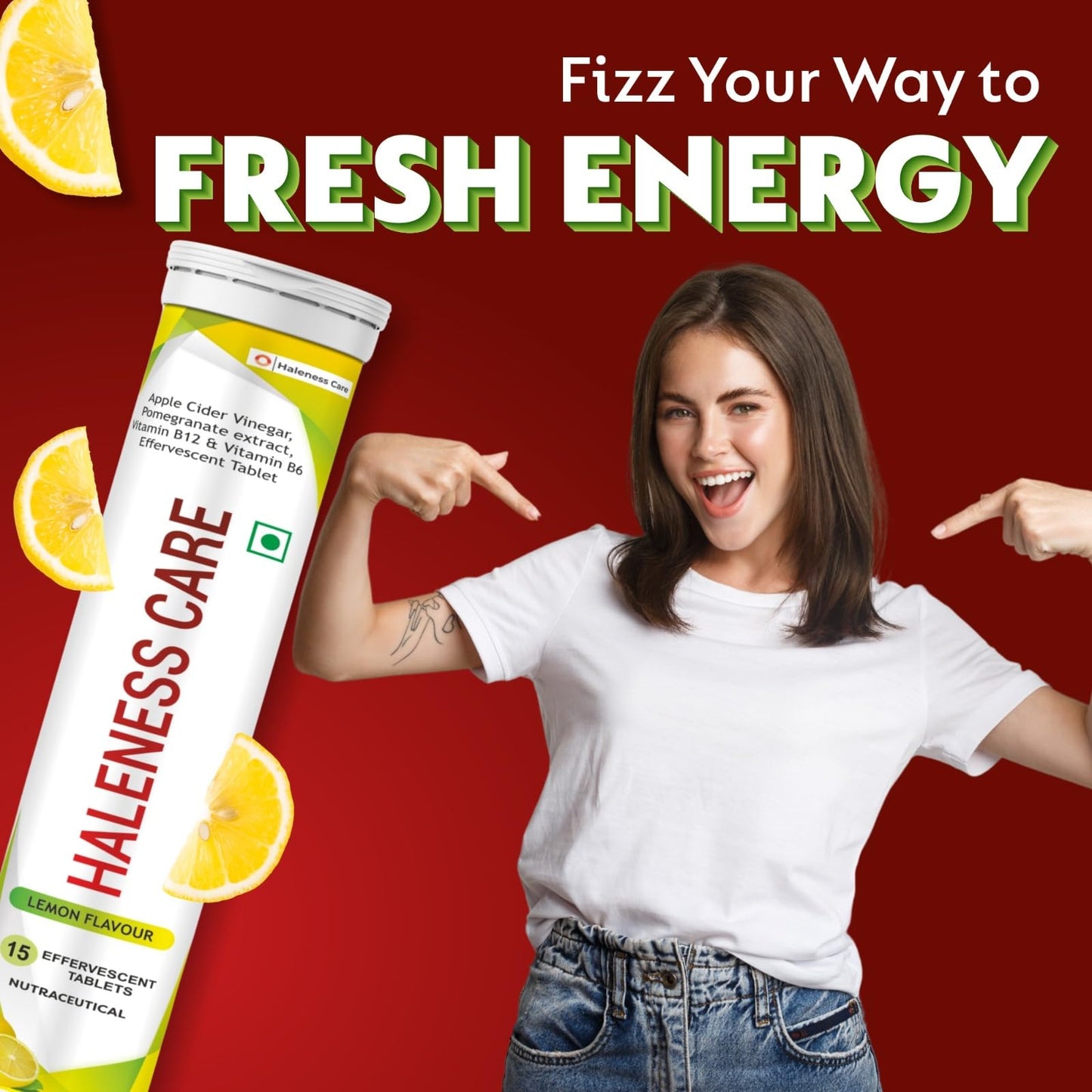 Haleness Care ACV Fizz Effervescent Tablets – Lemon Flavour – Apple Cider Vinegar with Vitamin B12 & B6 – 15 Sugar-Free Tablets – Supports Digestion, Energy & Gut Health (Pack of 1 (15 Tabs), Lemon)