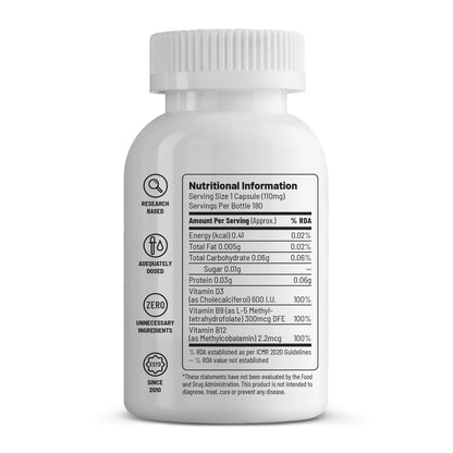 Unived B12+D3 | Methylcobalamin (98%), Methyltetrahydrofolate (5-MTHF), Vitamin D3 (Cholecalciferol) | Bone, Cognitive, Immune, & Cardiovascular Support | 180 Capsules