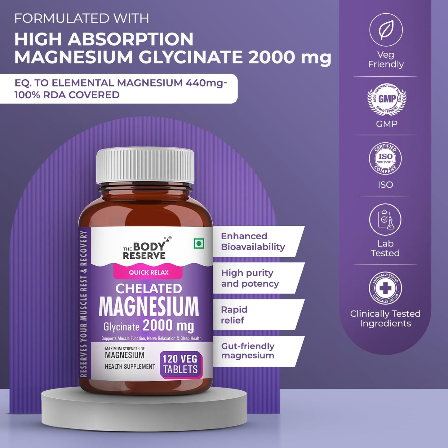 The Body Reserve Magnesium Glycinate Supplement 120 Veg Tablets, 2000mg Per Serving, High Absorption Chelated Form, helpful in Muscle & Nerve Relaxation, Better Sleep Quality for Men, Women, Pack of 2