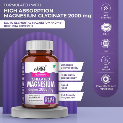 The Body Reserve Magnesium Glycinate Supplement | 2000mg Per Serving High-Absorption Chelated Form | Magnesium Supplement for Muscle & Nerve Relaxation | Sleeping Tablets for Deep Sleep | For Men & Women | 120 Veg Tablets