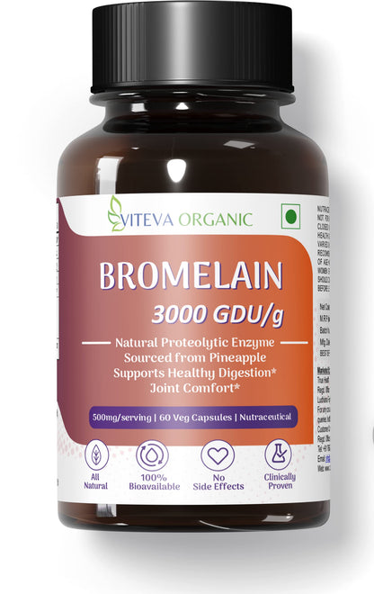 Viteva Organic High Potency Bromelain Digestive Enzyme 3000 GDU/g - 500mg - 60 Veg Capsules | Derived from Pineapple | Anti-inflammatory, Supports Joints Comfort and Healthy Digestion