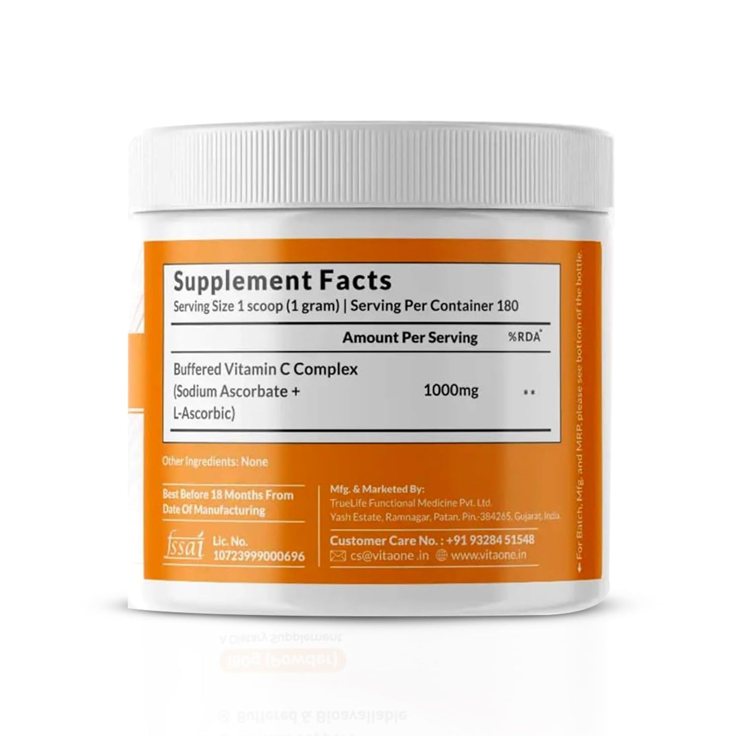VitaOne Vitamin C Powder 180g – Ultra Potent Buffered Formula Vitamin C Supplement for Immune Support, Antioxidant Support & Collagen Formation – Unflavoured, No Added Sugar