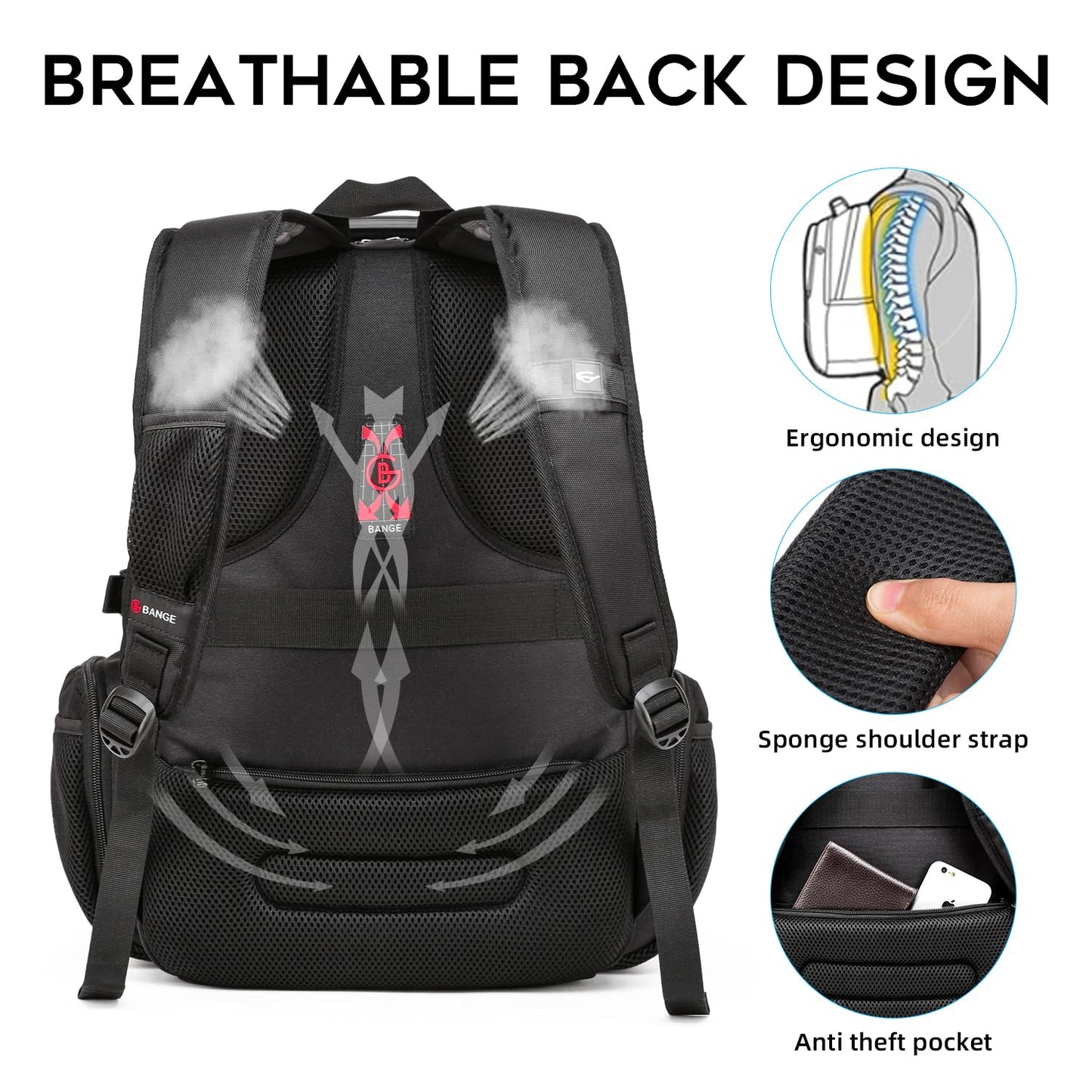 BANGE Backpack with USB Charging Port (1901_Black)- image 3