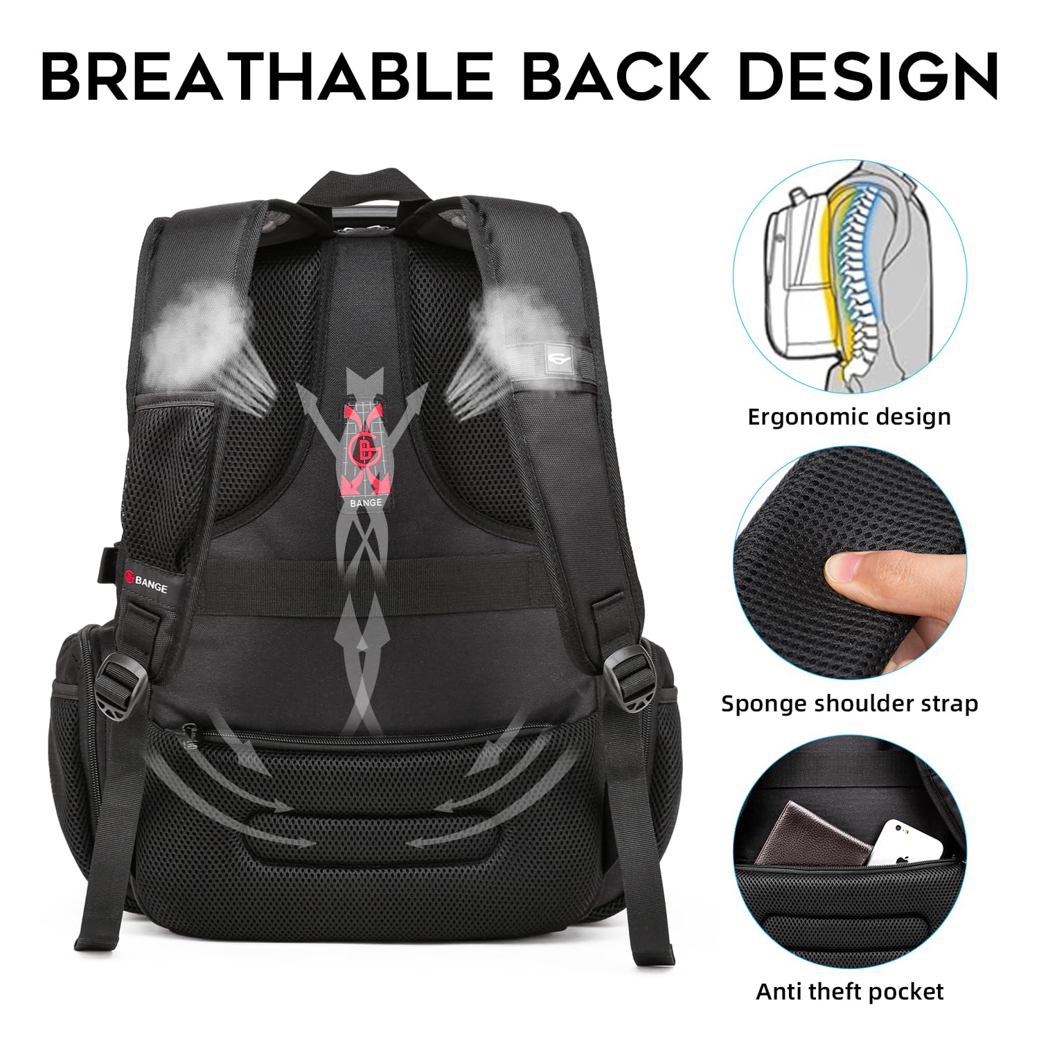 BANGE Backpack with USB Charging Port (1901_Black)- image 3