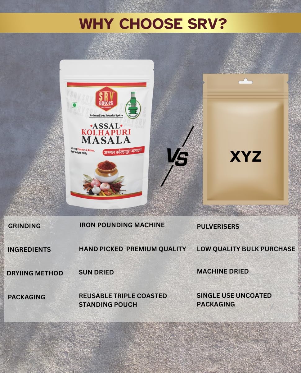 SRV SPICES Iron Pounded Assal Kolhapuri Masala | Authentic Kolhapuri Kanda Lasun Blend | Traditional Maharashtrian Onion Garlic Masala | 57 Years of Expertise | 100g Pack