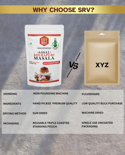 SRV SPICES Iron Pounded Assal Kolhapuri Masala | Authentic Kolhapuri Kanda Lasun Blend | Traditional Maharashtrian Onion Garlic Masala | 57 Years of Expertise | 100g Pack