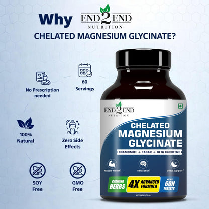 End2End Nutrition Magnesium Glycinate with Chamomile, Tagar, Beta Carotine and Vitamin B6 | High Absorption Magnesium Supplement Supports Better Sleep & Muscle Recovery - (Pack of 2) 120 Tablets