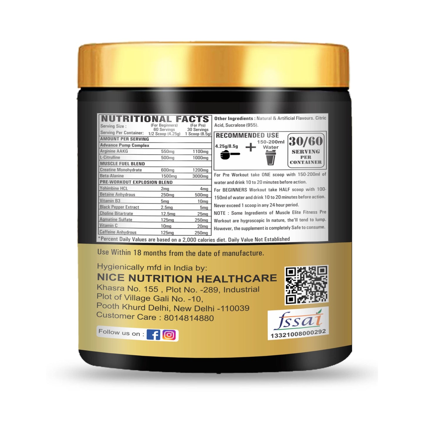 Muscle Elite Fitness Big Pump Gold Series Loaded Core Pre-Workout - Pre Workout Energy with Creatine Monohydrate + Caffeine and Beta-Alanine Performance | [Cola, 60 Servings]