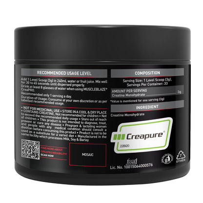 MuscleBlaze CreaPRO Creatine Monohydrate Powder with Creapure, Unflavoured (33 Servings, 100g)